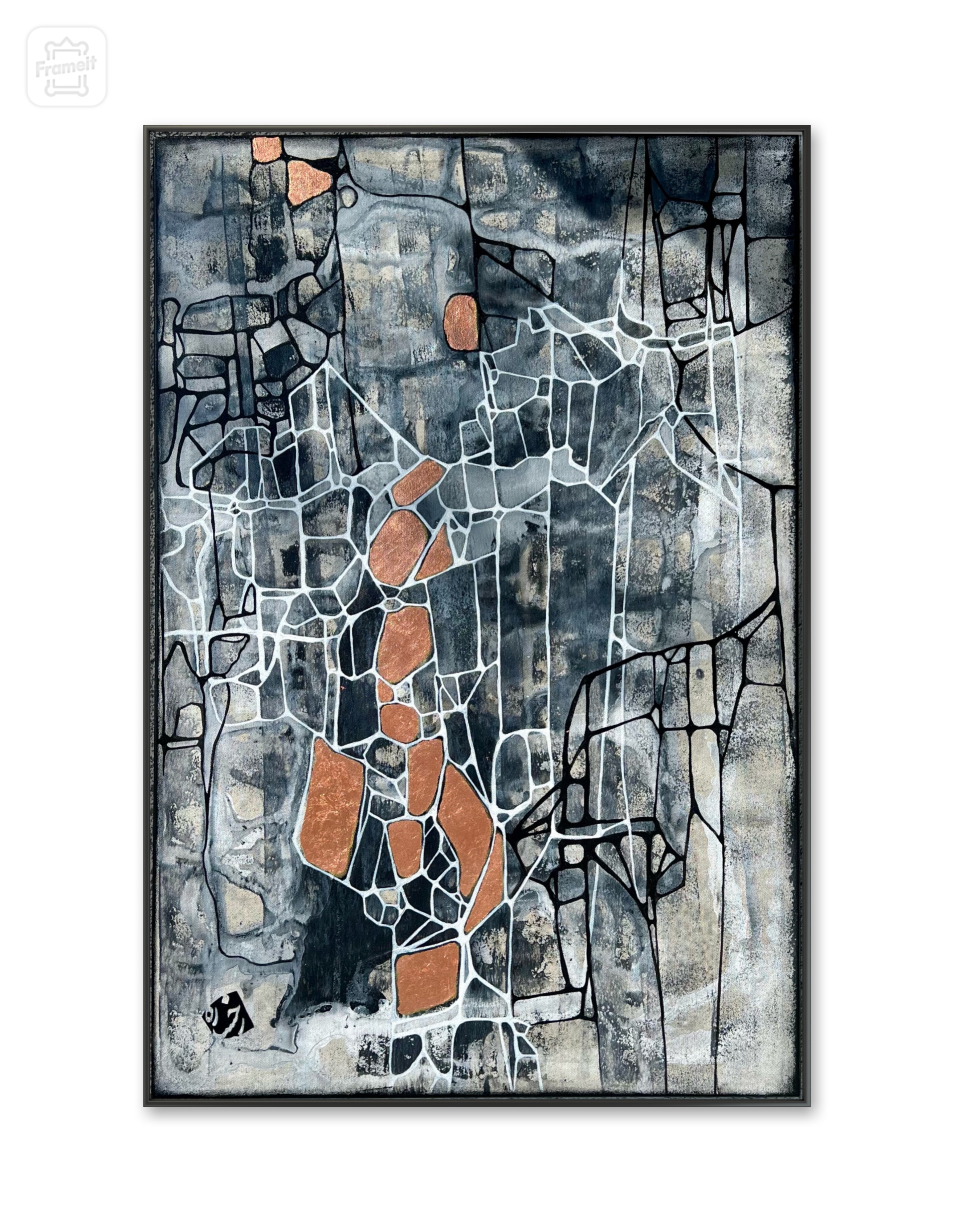 Framed grey abstract painting with black and white lines and copper-coloured accents