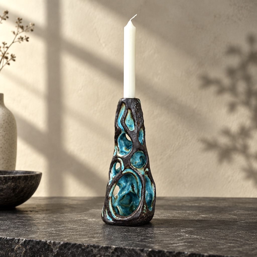 Tall dark ceramic candle holder with turquoise openings and a white candle