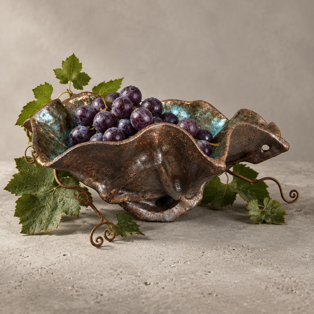 Sculptural ceramic bowl with an undulating bronze-brown rim and turquoise glaze, filled with purple grapes